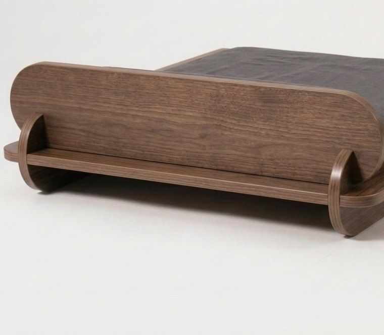 Close view of the walnut-toned plywood back panel